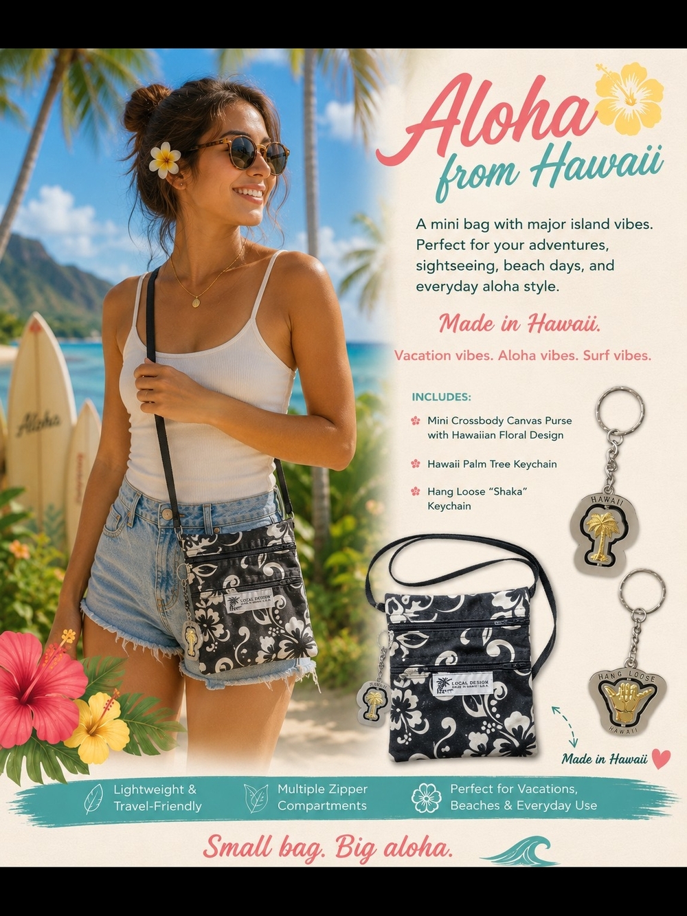 Made in Hawaii Floral Crossbody Purse + Palm Tree & Keychains Aloha Surf